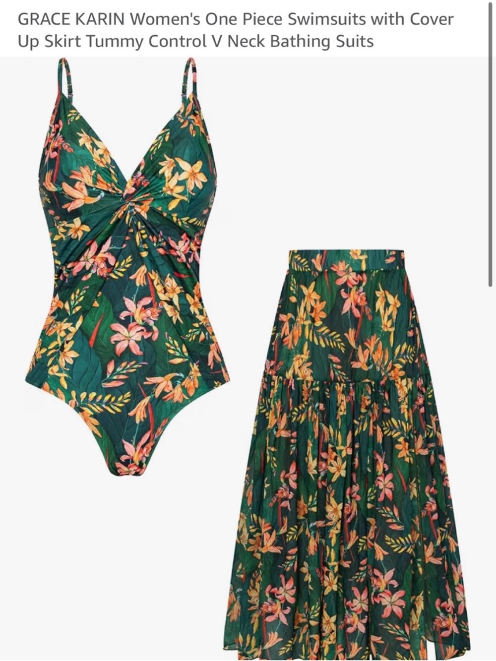 GRACE KARIN Floral One-Piece Swimsuit with Cover-Up Skirt - Green Size Small